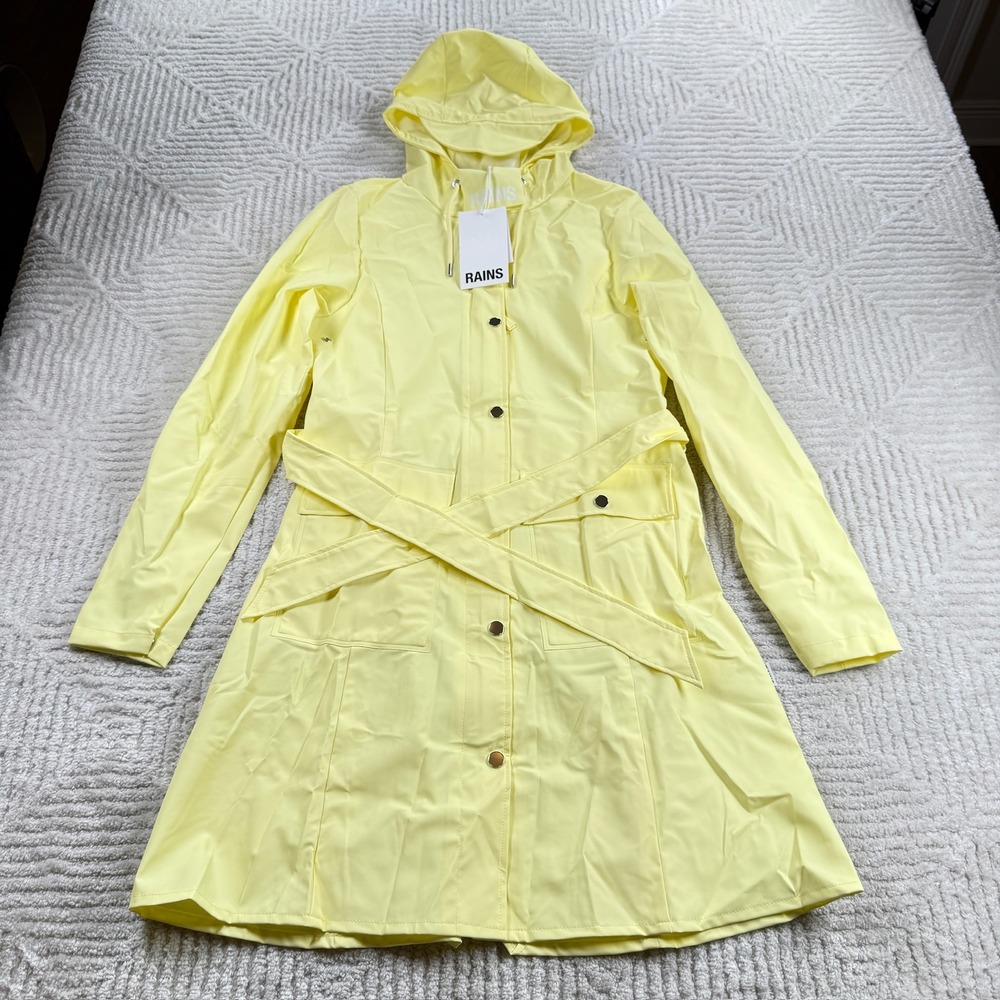 Rains Curve W Jacket Women's XS Straw Yellow Hooded Belted Waterproof Raincoat